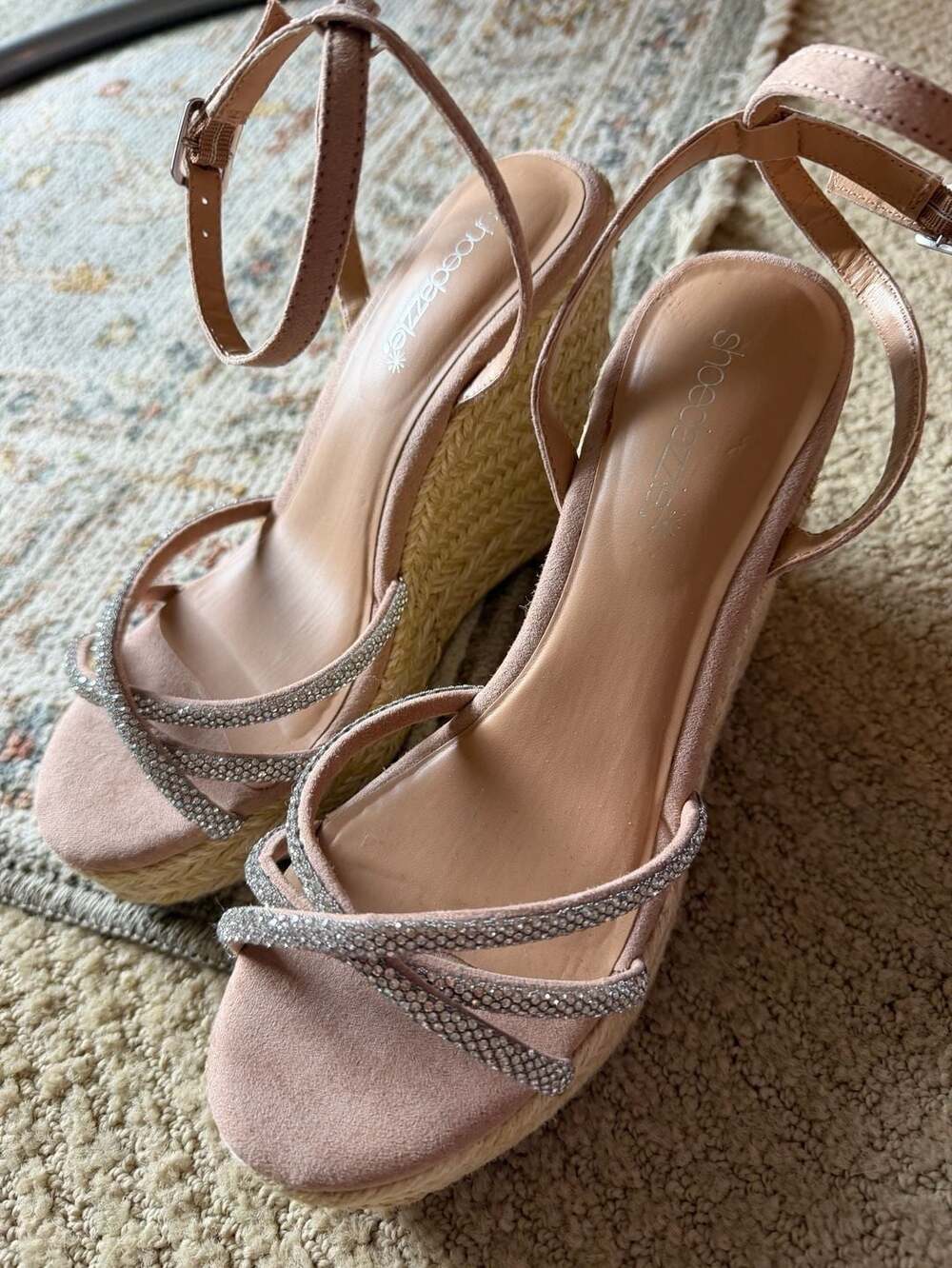 ShoeDazzle Kelsie Rhinestone Embellished Strappy Espadrille Wedge Sandals